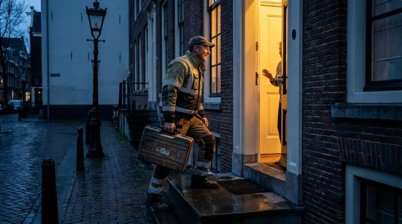 Elektricien Rijnsburg avond spoedservice MDK Elektro bij klant aan de deur Elektricien Rijnsburg MDK Elektro arriveert bij klant voor spoedklus in de avond